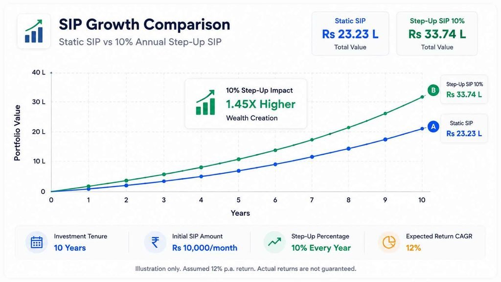 Static SIP vs 10% step-up SIP growth comparison over 10 years.